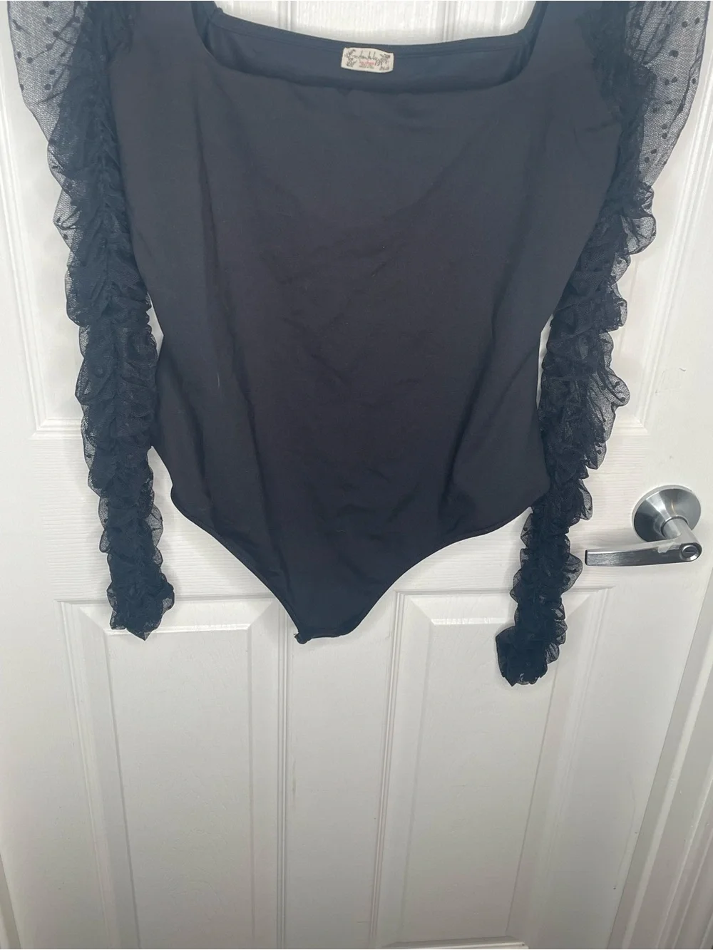 Free People Must Be Love Bodysuit Mesh Ruched Sleeve Square Neck in Black L